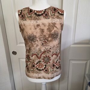 Susan Lawrence Beige Floral Sleeveless Blouse